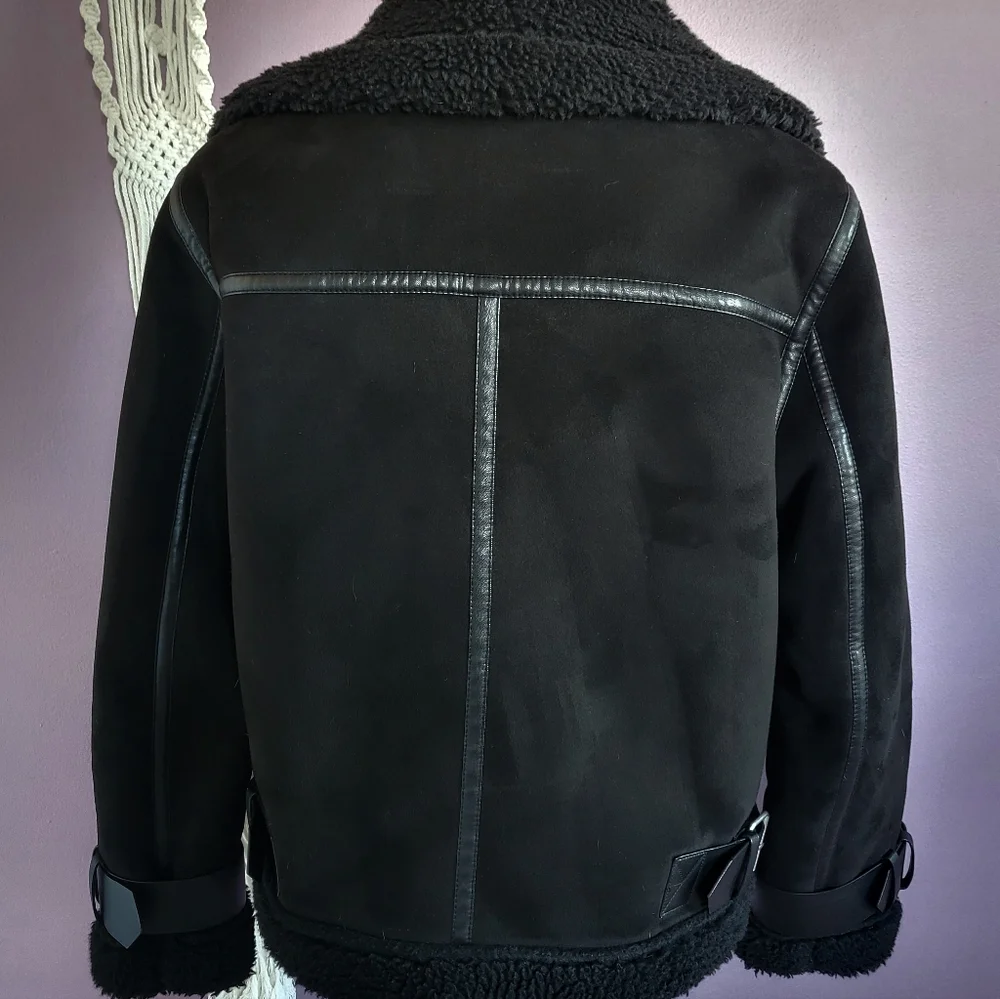 Zara Black Faux Suede Sherpa Lined Oversized Buckle Aviator Bomber Jacket Coat - Picture 5 of 14